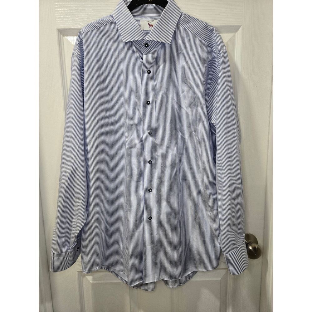Lorenzo Uomo Blue Striped Trim Fit Dress Shirt Button Down Collar SZ 17.5‎ 34/35